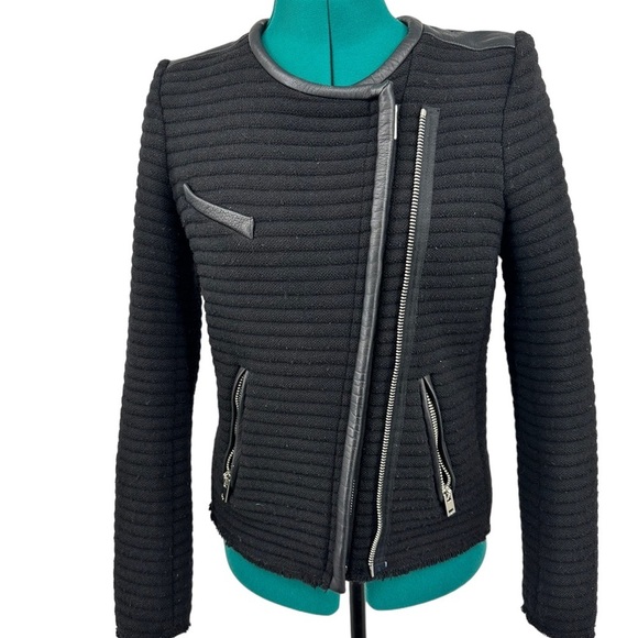 IRO Black Fleece Boucle Maiden Raw Hem Quilted Leather Detail Jacket - Picture 10 of 12